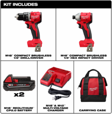 M18TM Compact Brushless 2-Tool Combo Kit, 1/2 Inch Drill, 1/4 Inch Impact, 550 in-lbs Torque