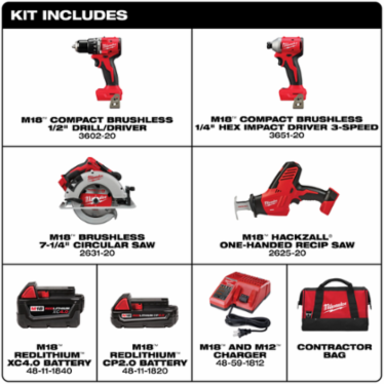 M18™ 4-Tool Combo Kit - Includes 1/2" Hammer Drill, 3-Speed Impact Driver, 7-1/4" Circular Saw, Hackzall