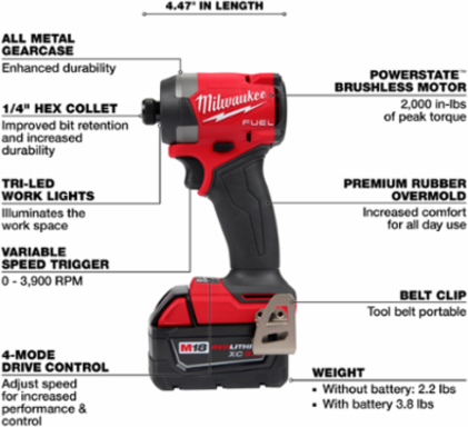 M18 FUELTM 2-Tool Combo Kit: 1/2" Hammer Drill, 1/4" Impact Driver, 18V, 2 Batteries