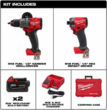M18 FUEL™ 2-Tool Combo Kit: 1/2" Hammer Drill, 1/4" Impact Driver, 18V, 2 Batteries