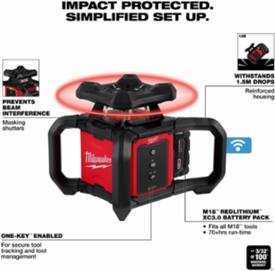 M18 Red Exterior Rotary Laser Level Kit - 2000 Ft Working Range, 7.14 lbs, 18V Battery