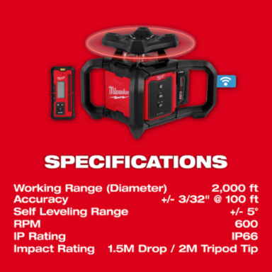M18 Red Exterior Rotary Laser Level Kit - 2000 Ft Working Range, 7.14 lbs, 18V Battery
