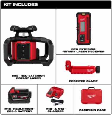 M18 Red Exterior Rotary Laser Level Kit - 2000 Ft Working Range, 7.14 lbs, 18V Battery