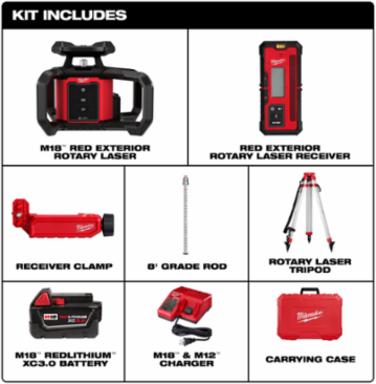 M18™ Red Rotary Laser Level Kit, 2000 ft Range, Includes Tripod & Receiver