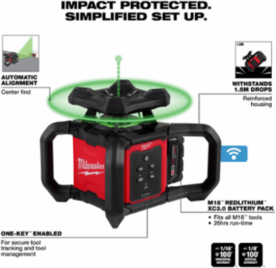 M18 Green Rotary Laser Level Kit, 1000 ft Range, 7.5 lbs, Self-Leveling, Includes Remote & Wall Mount