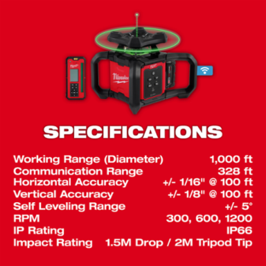 M18 Green Rotary Laser Level Kit, 1000 ft Range, 7.5 lbs, Self-Leveling, Includes Remote & Wall Mount