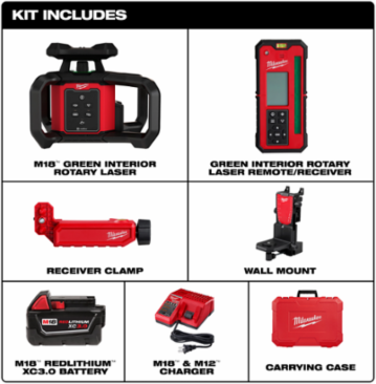 M18 Green Rotary Laser Level Kit, 1000 ft Range, 7.5 lbs, Self-Leveling, Includes Remote & Wall Mount