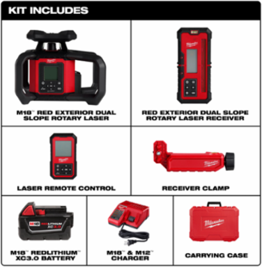 M18 Red Exterior Dual Slope Rotary Laser Level Kit - 4000 ft Range, 8.14 lbs Weight