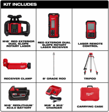 M18 Red Dual Slope Rotary Laser Level Kit, 4000 Ft Range, 1/16 In Accuracy