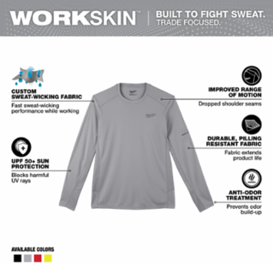 WORKSKIN Lightweight Performance Long Sleeve Shirt - Gray, Large, 100% Polyester