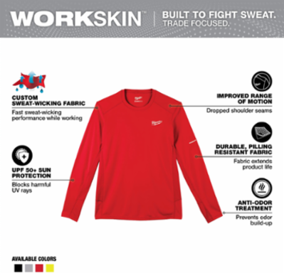 WORKSKINTM Long Sleeve Performance Shirt, Large, Red, Moisture-Wicking Polyester