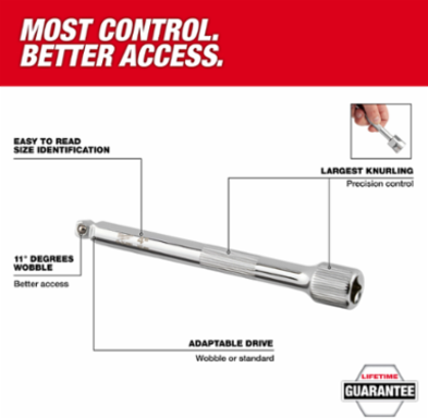 1/4 Inch Drive 4 Inch Wobble Extension - Chrome Vanadium Steel, Corrosion Resistant