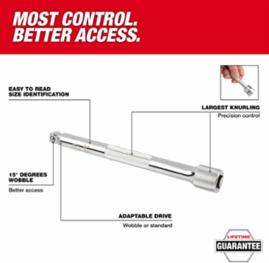 3/8 Inch Drive 10 Inch Wobble Extension, Chrome Vanadium Steel