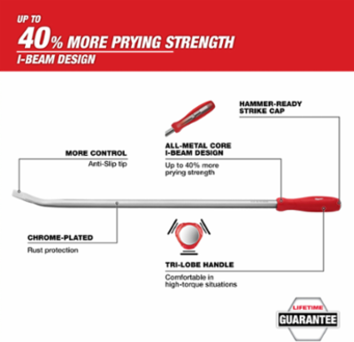 42 Inch Pry Bar, Chrome Vanadium Steel, Anti-Slip Tip, I-Beam Design
