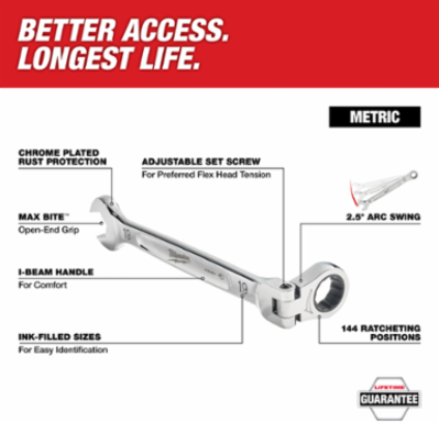 17mm Flex Head Ratcheting Combination Wrench, Chrome Vanadium Steel, 2.5 Arc