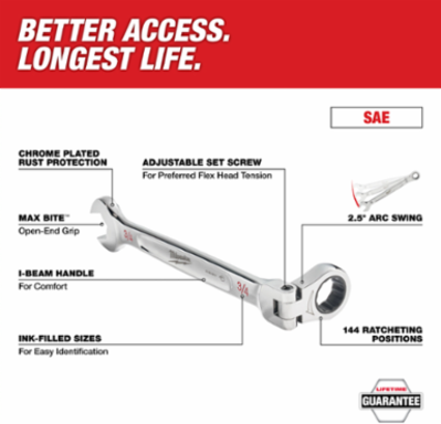 9/16 Inch Flex Head Ratcheting Combination Wrench, Chrome Vanadium Steel, 7.8 Inch Length