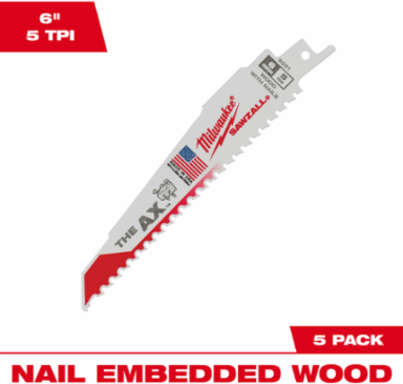 6 Inch 5 TPI AXTM SAWZALL Blade Set for Wood with Nails (5 PK)