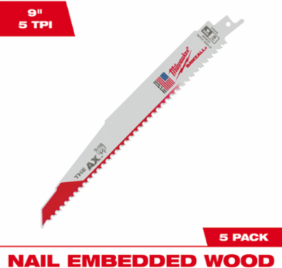 9 Inch 5 TPI AX™ SAWZALL® Blade Set for Wood (5 Pack), Bi-Metal