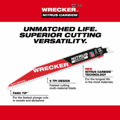 6 Inch WRECKERTM NITRUSTM Carbide SAWZALL  Blade, 6TPI for Multi-Material Cutting