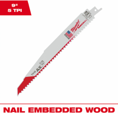9 Inch 5 TPI AX™ SAWZALL® Blade for Wood with Nails, Bimetal Construction