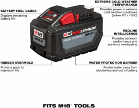 M18™ REDLITHIUM™ HIGH OUTPUT™ HD 12.0Ah Battery Pack, 18V, 3.4 lbs