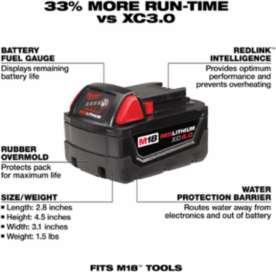 M18 REDLITHIUM XC 4.0Ah Battery Pack, 18V, 1.72 lbs, Rechargeable