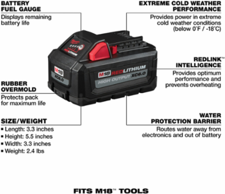 M18 REDLITHIUM HIGH OUTPUT XC 6.0Ah Battery Pack, 2.3 lbs, 18V