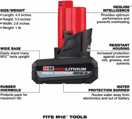 M12 REDLITHIUM HIGH OUTPUT XC5.0 Battery Pack, 5.0 Amp-hour, 12V