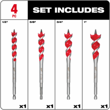 SPEED FEED™ Wood Bit Set - 6-1/2 Inch, High Speed Steel, 4 Pieces, Auger