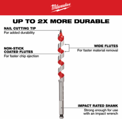 1 Inch x 6-1/2 Inch Auger Bit, Alloy Steel, Impact-Rated Shank