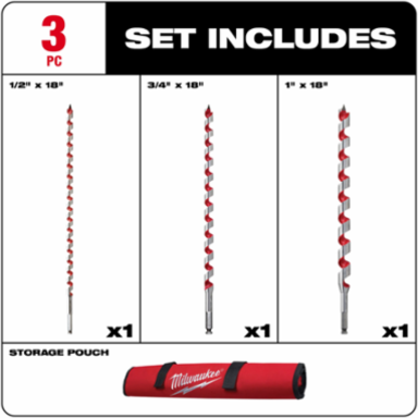 Ship Auger Bit Set - 3 PC 1/2" to 1" Diameter, 18 Inch Length, High Speed Steel