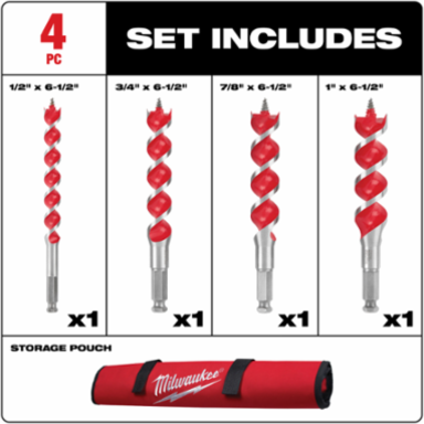 4-Piece 6-1/2 Inch Spur Auger Bit Set, 1/2"-1" Diameter
