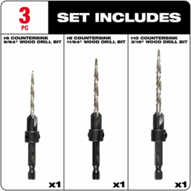 3PC Countersink Bit Set with 9/64 Inch, 11/64 Inch, 3/16 Inch Bits