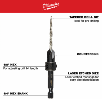 3PC Countersink Bit Set with 9/64 Inch, 11/64 Inch, 3/16 Inch Bits