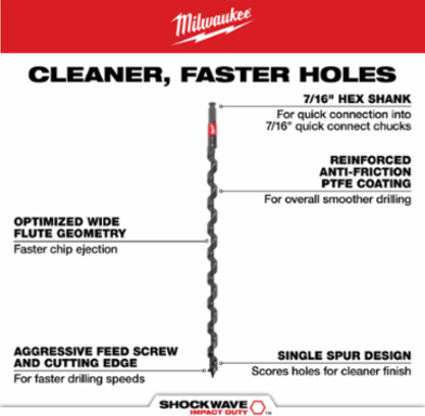 SHOCKWAVE Impact Duty 9/16 Inch x 24 Inch Auger Bit, Alloy Steel, Self Feeding