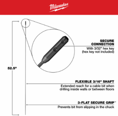 Flexible Cable Bit Extension 3/16 Inch x 52.5 Inch with Secure Grip