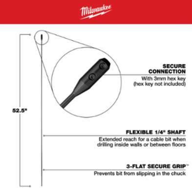 1/4 Inch x 52.5 Inch Flexible Cable Bit Extension, Steel, 3-FLAT SECURE-GRIP™