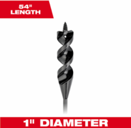 1" x 54" Flexible Cable Auger Bit, Alloy Steel, 1/4" Shaft Diameter