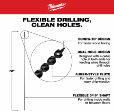 3/8 Inch x 72 Inch Flexible Cable Auger Bit, High Carbon Steel, Installer Type