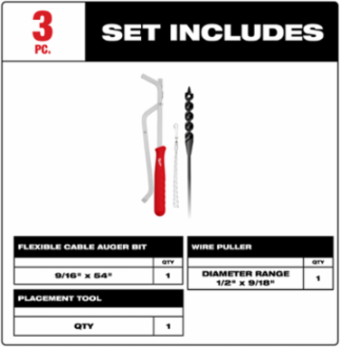 3PC 9/16" x 54" Flexible Cable Auger Bit Set with Placement Tool and Wire Puller