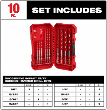 SHOCKWAVE Impact Duty 10-Piece Carbide Hammer Drill Bit Set, Sizes up to 1/2 Inch