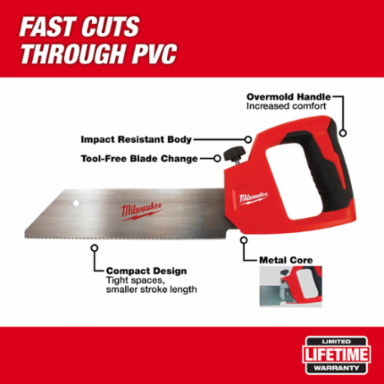 12 Inch PVC/ABS Saw with Tool-Free Blade Change, Rubber Grip, and Steel Blade