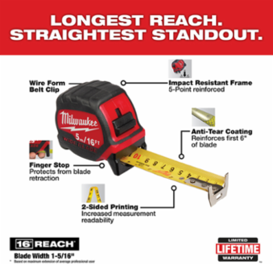 Wide Blade Tape Measure 16 ft, ABS Case, Nylon Bond Protection
