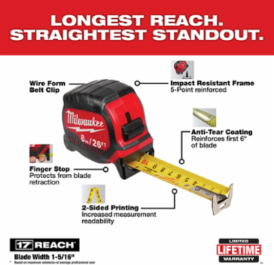 26 Ft Wide Blade Tape Measure, Nylon Bond Protection, 14 Ft Standout