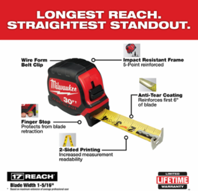 30 Ft Wide Blade Tape Measure, 14 Inch Standout, 2.4 Inch Width