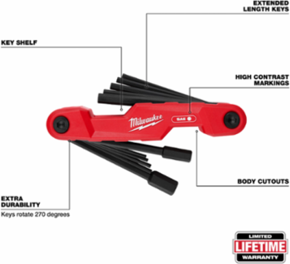 11-Key Folding Hex Key Set - SAE, 3/32" to 1/2" Sizes, Black Oxide Finish
