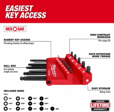 13-Piece SAE Ball End L-Key Set, Includes Sizes 0.050" to 3/8"