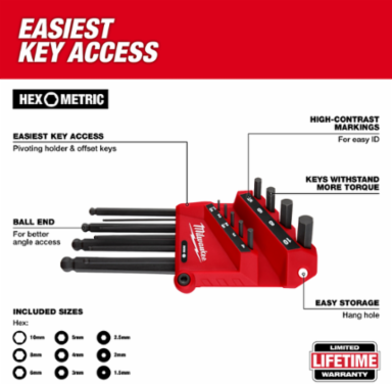 9-Piece Metric Ball End L-Key Set, Includes Sizes 1.5-10mm, Steel Construction