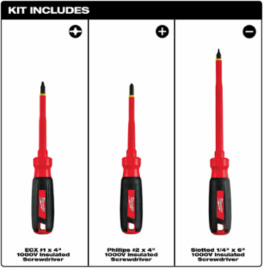 3-Piece 1000V Insulated Screwdriver Set, 5 Inch Handle, Polycarbonate