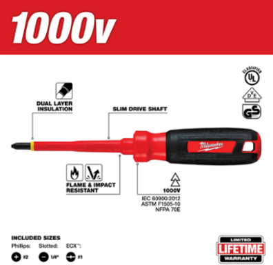 3-Piece 1000V Insulated Screwdriver Set, 5 Inch Handle, Polycarbonate